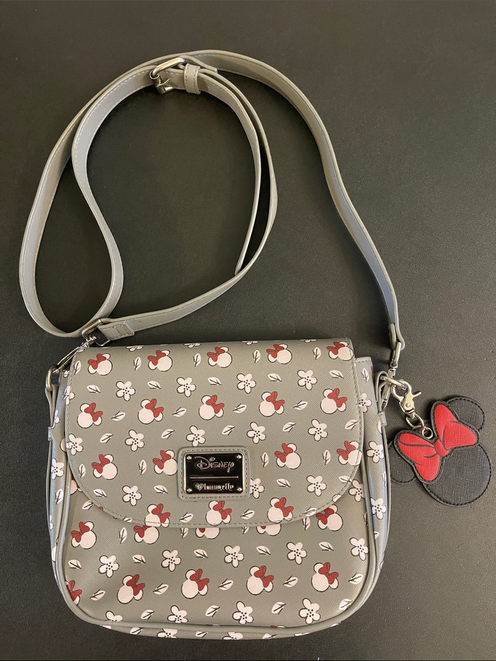 Loungefly Disney Gray Minnie Mouse Floral Crossbody with Minnie Charm